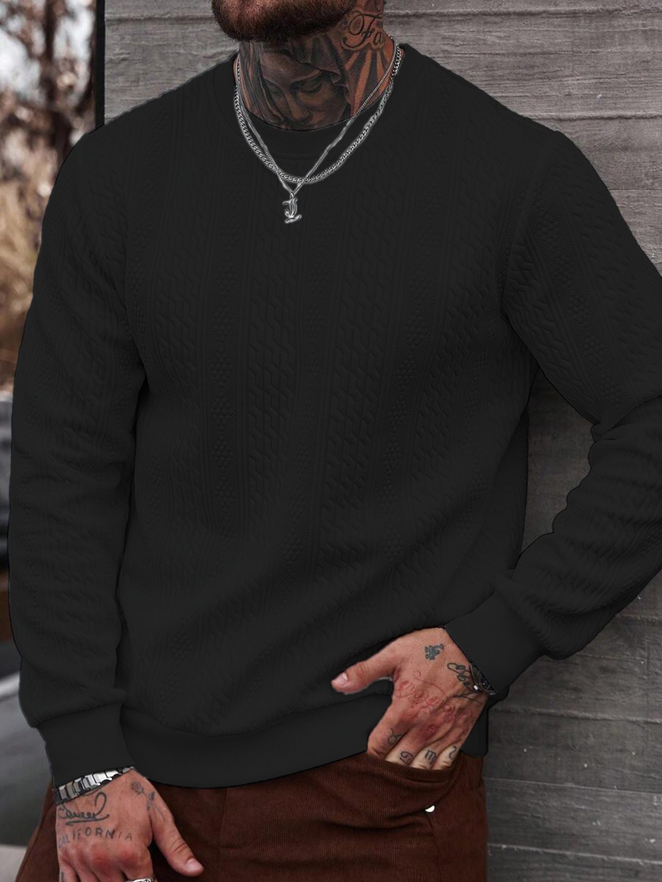 Sweat à capuche jacquard col rond homme – Haut léger coupe ample