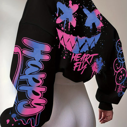 Women’s Graffiti Letter Sweatshirt – Black Artistic Fall/Winter Pullover