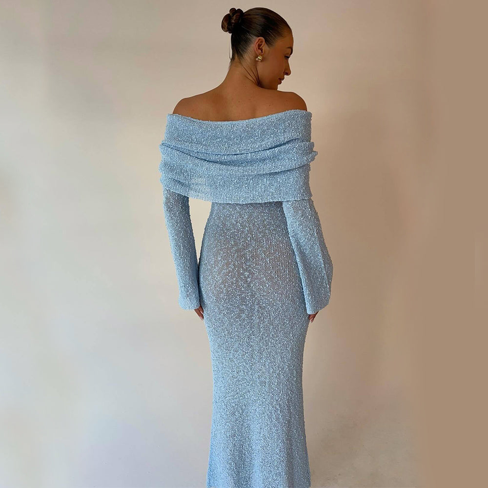 One-Shoulder Knit Maxi Dress – Elegant Long Sleeve Beach Dress