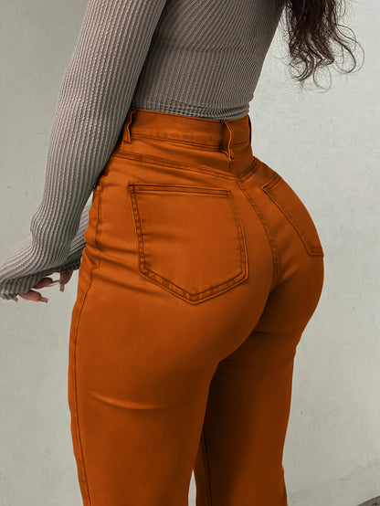 Women’s Vibrant Orange Distressed Flare Jeans – High-Waist Bootcut