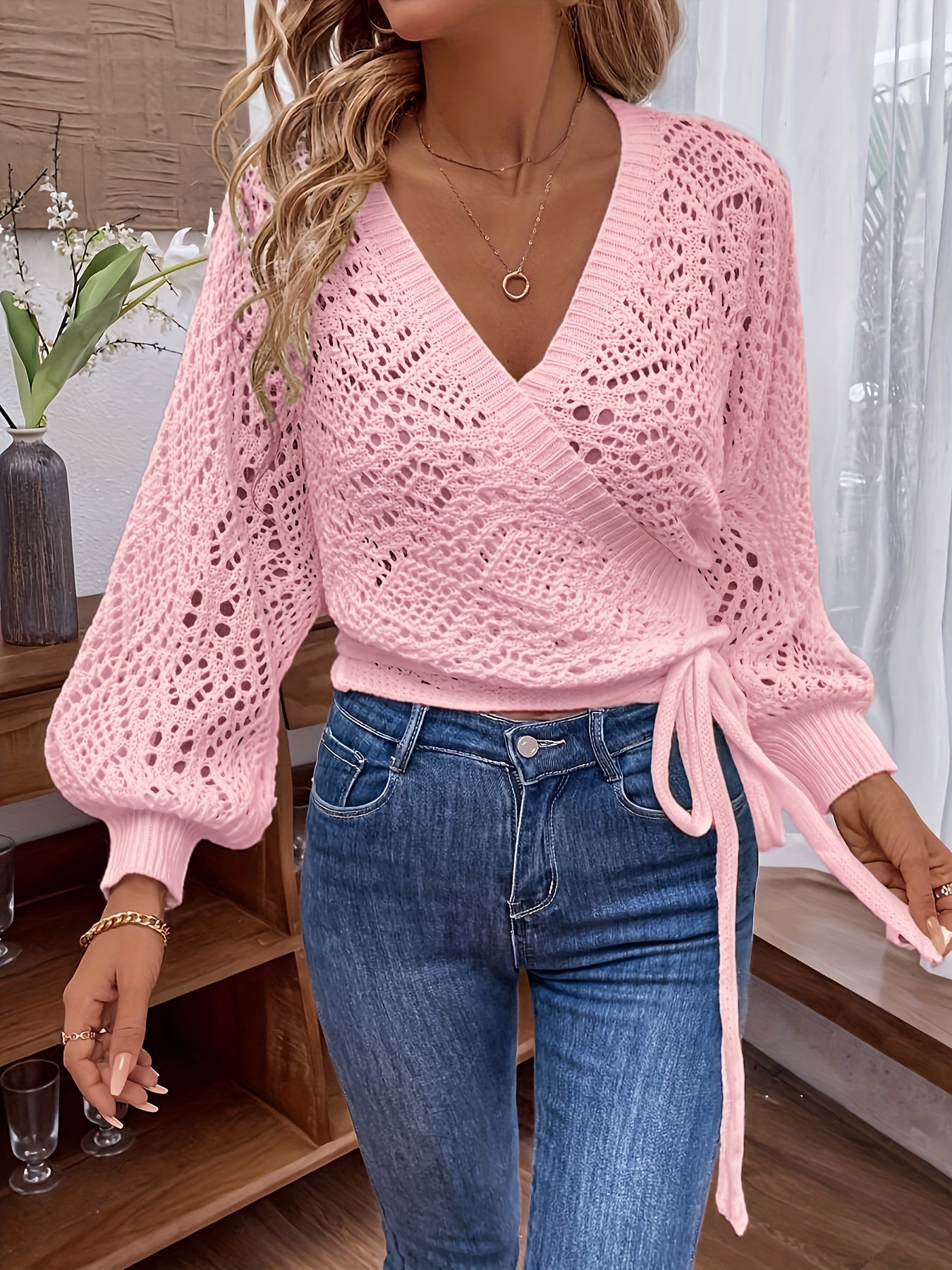 Elegant V-Neck Lantern Sleeve Sweater – Lightweight All-Season Pullover