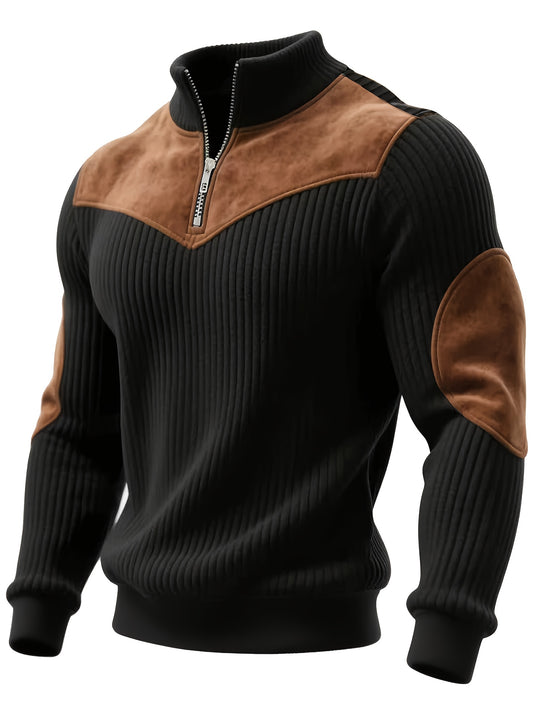 Men’s Stand Collar Half-Zip Pullover – Warm Ribbed Retro Sweatshirt