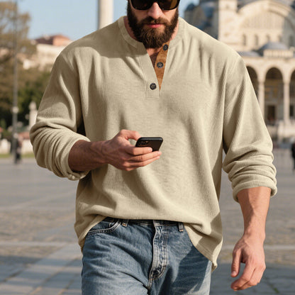 Chemise Henley côtelée rétro pour homme – Coupe ample à manches longues