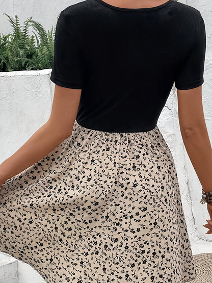 Vestido floral de cuello alto con paneles de malla – Vestido elegante de corte y vuelo para el día a día