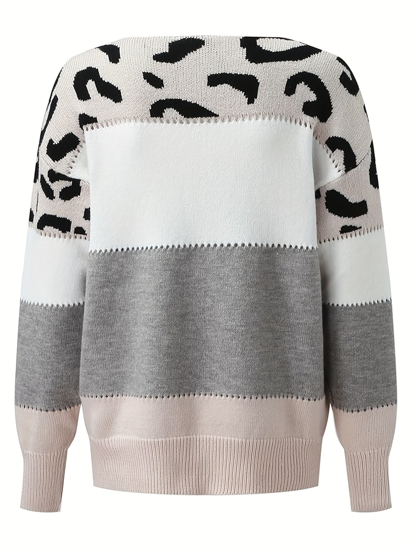 Women’s Leopard Patchwork Sweater – Pink & White Knit Crew Pullover