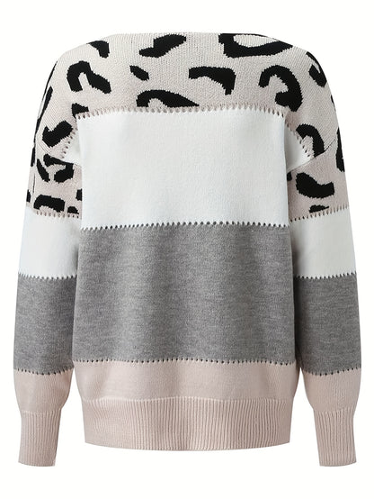 Women’s Leopard Patchwork Sweater – Pink & White Knit Crew Pullover