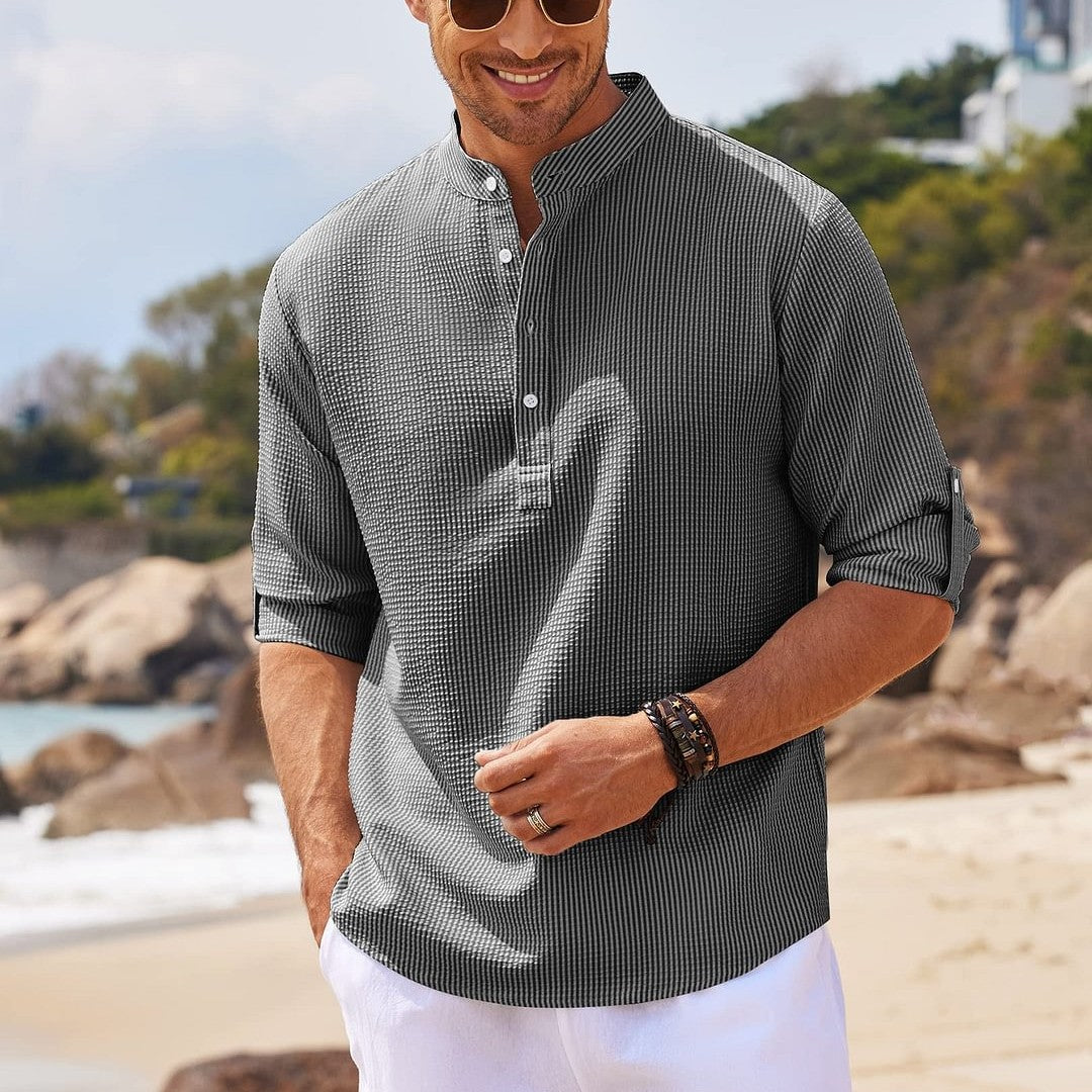 Chemise homme à col montant et manches longues – Pull décontracté coupe ample