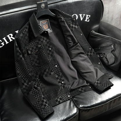 Men’s Checkered PU Coat – Black & Brown Houndstooth Street Jacket