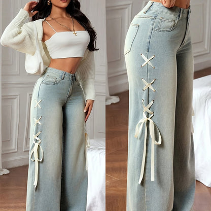 Jean droit papillon pour femme – Taille haute décontracté jambe large en denim