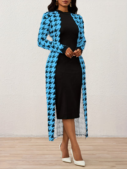 Vestido Ajustado de Cuello Alto con Estampado de Pata de Gallo – Elegante Vestido de Punto de Manga Larga