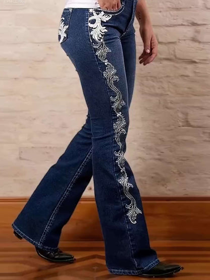 Women’s Flare Jeans – Dark Blue Bootcut with Side Print Design