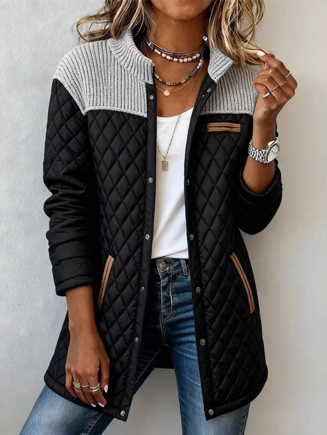 Women’s Patchwork Knit Jacket with Pockets – Elegant Longline Fit
