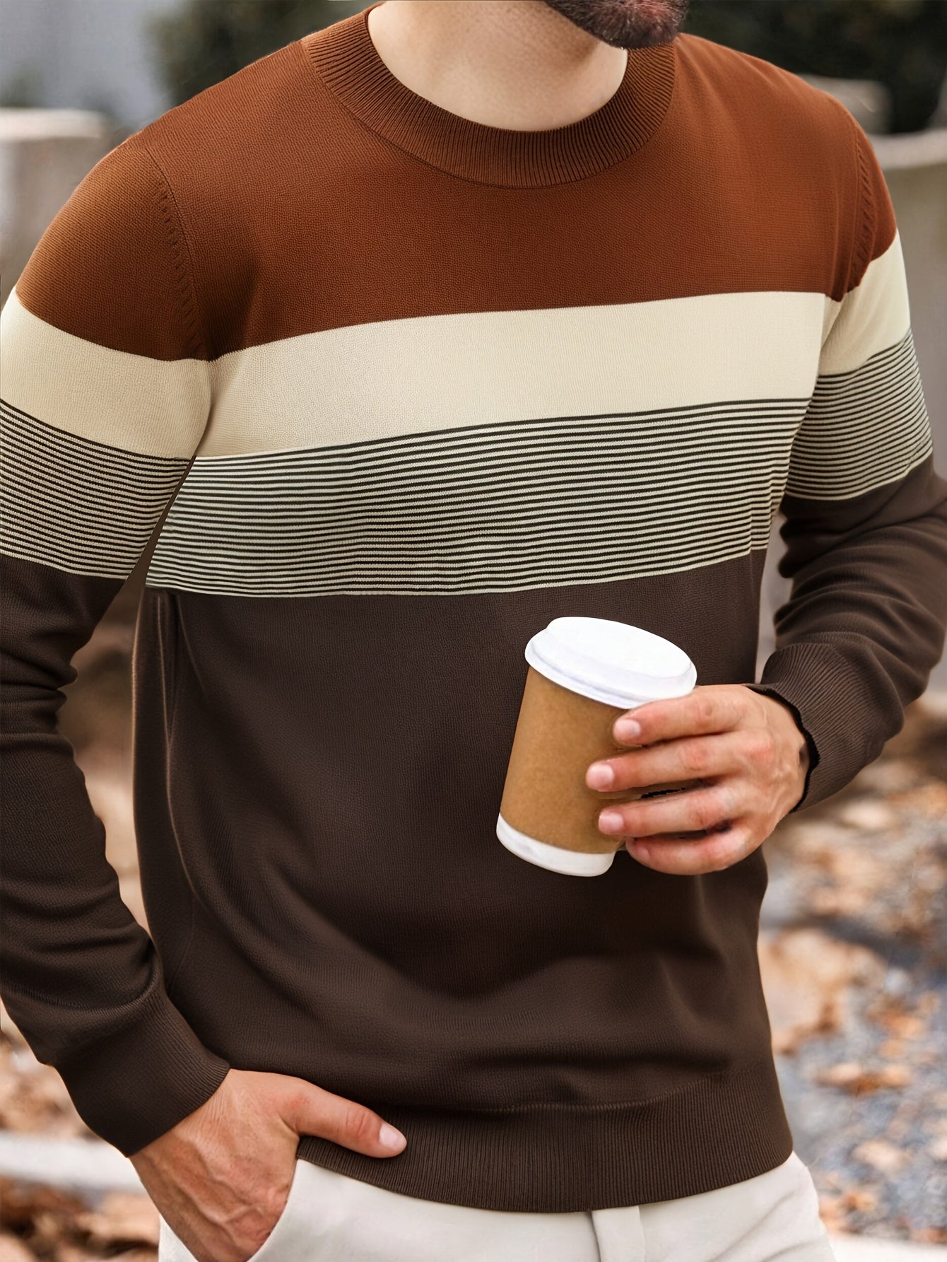 Suéter tipo jersey de punto a rayas para hombre – Clásico, manga larga, cuello redondo