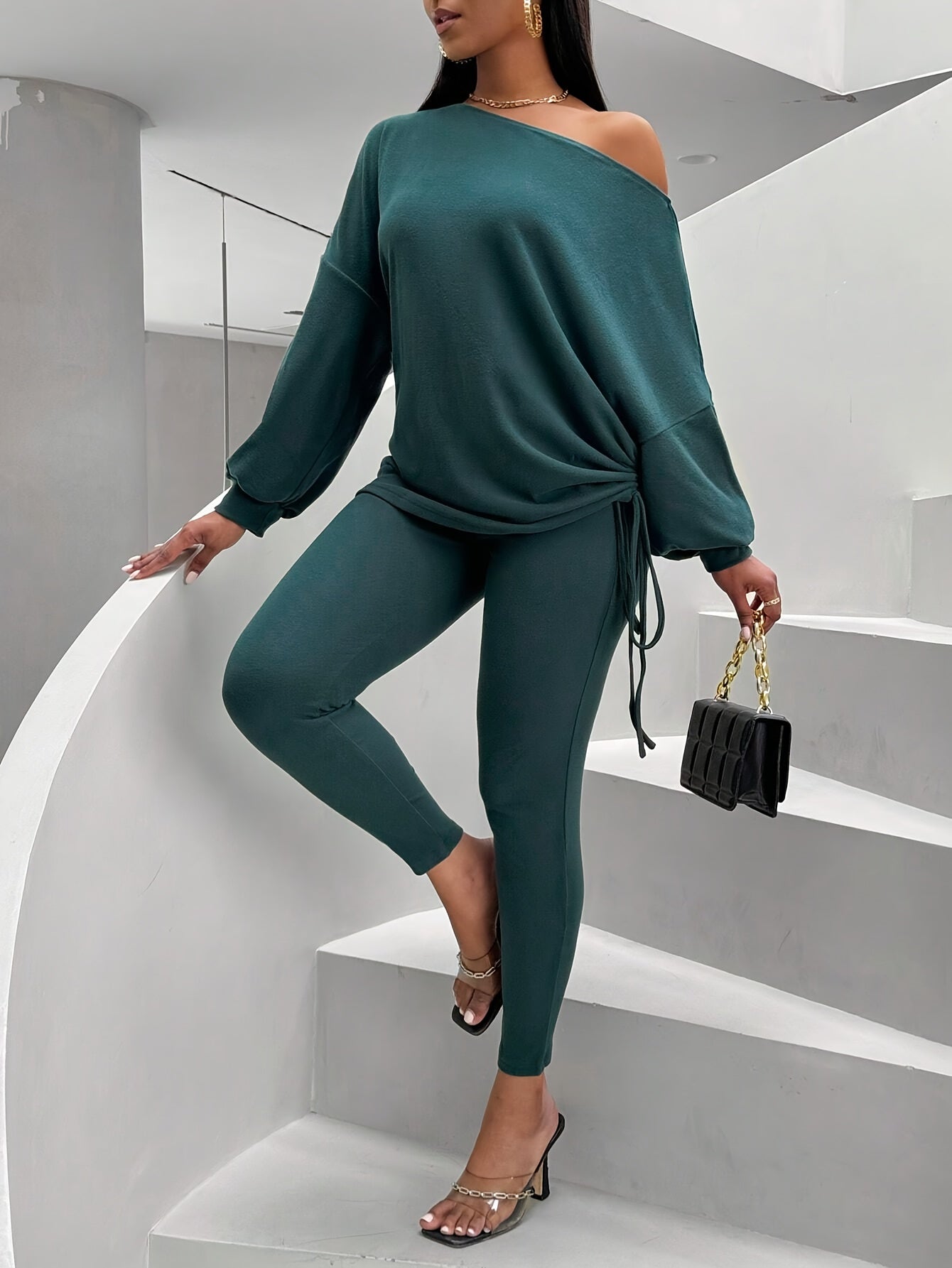 Women’s One-Shoulder 2-Piece Set – Lantern Sleeve Top & Skinny Leggings