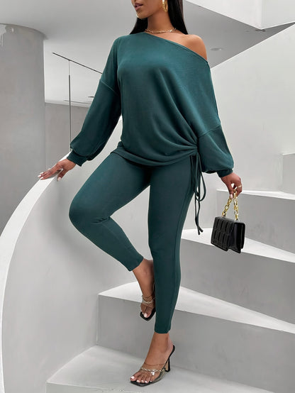 Women’s One-Shoulder 2-Piece Set – Lantern Sleeve Top & Skinny Leggings