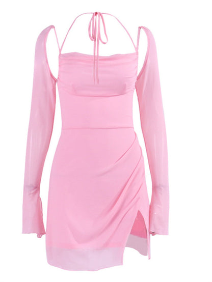 Vestido midi sin espalda con cuello halter – Vestido de verano elegante de color liso