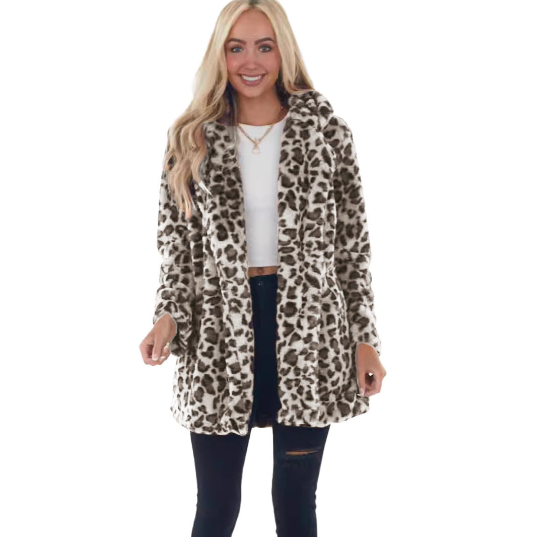 Chaqueta de felpa de leopardo para mujer – Abrigo de corte holgado