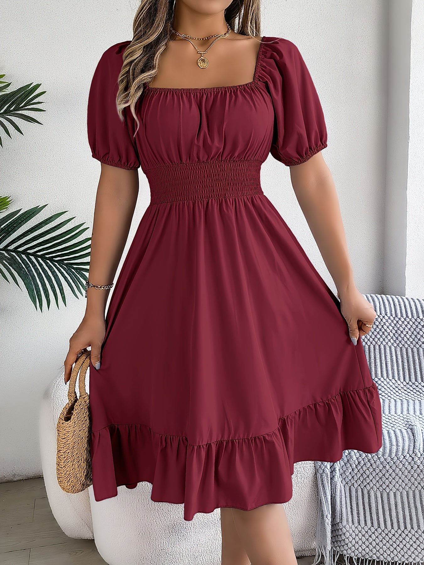 Vestido maxi de línea A con cuello cuadrado y mangas abullonadas – Elegante para primavera y verano