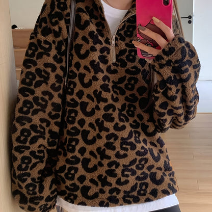 Elegant Leopard Print Plush Hoodie – Soft Fleece-Lined Zip Jacket