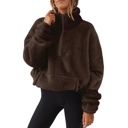 Women’s Velvet Fleece Half-Zip Sweater – Stand Collar Winter Pullover