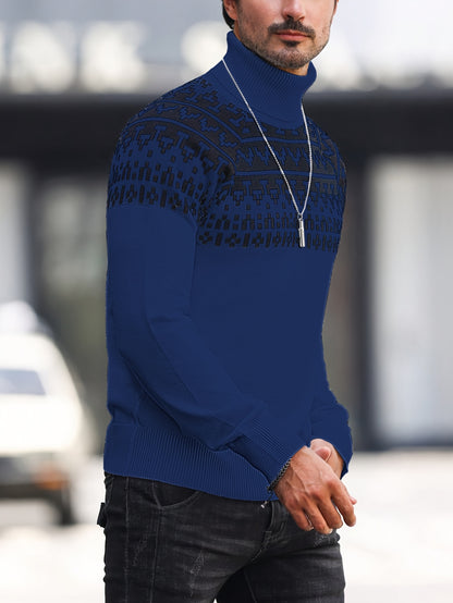 Suéter de cuello alto geométrico para hombre - Suéter informal de punto para otoño e invierno
