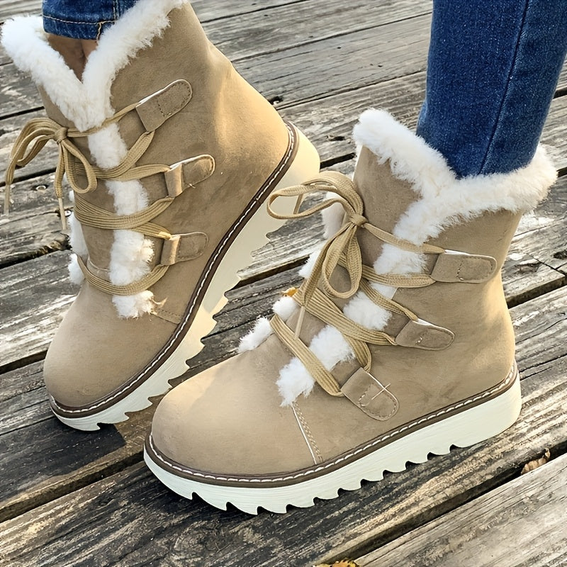 Women’s Elegant Lace-Up Winter Boots – Plush Mid-Calf Faux Fur Warm Shoes