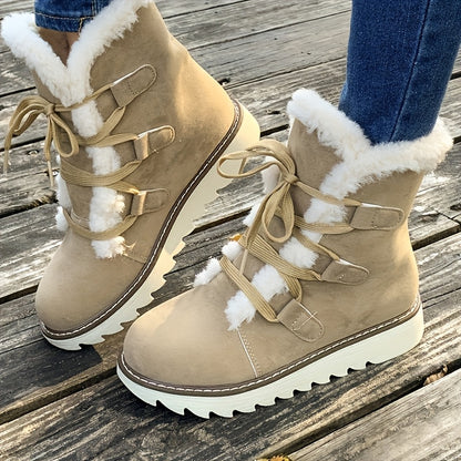 Women’s Elegant Lace-Up Winter Boots – Plush Mid-Calf Faux Fur Warm Shoes