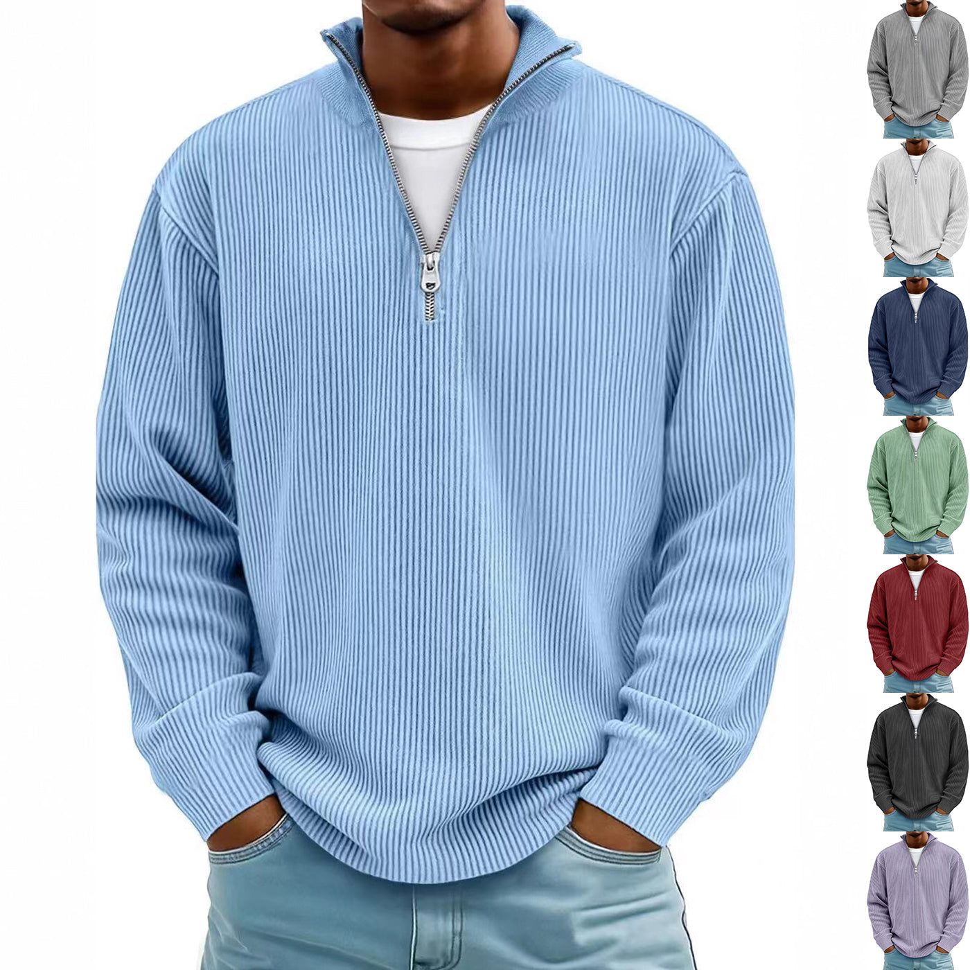 Men’s Corduroy Zip Stand Collar Sweatshirt – Casual Long Sleeve Top