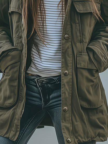 Women’s Olive Heavy-Duty Hooded Jacket – Thick All-Season Workwear Coat