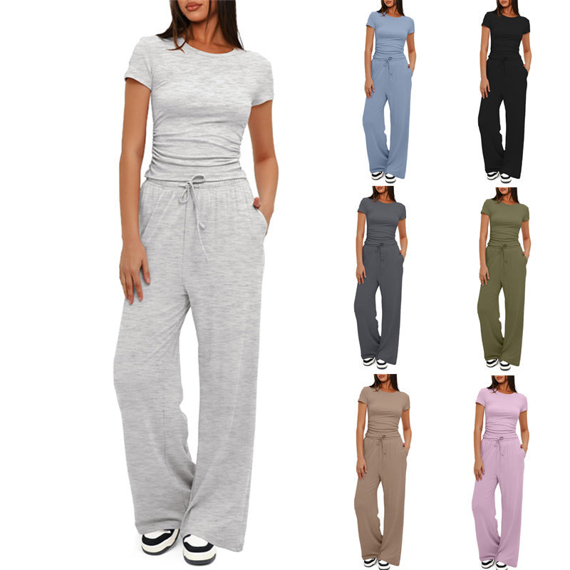 Loom & Soul™ 2-Piece Solid Color Yoga Set – Women’s Short-Sleeve Top & High-Waist Wide-Leg Pants