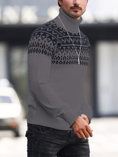 Suéter de cuello alto geométrico para hombre - Suéter informal de punto para otoño e invierno