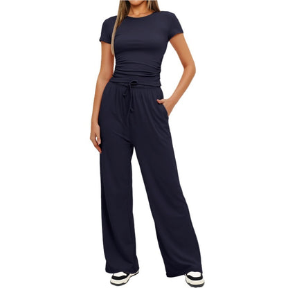 Loom & Soul™ 2-Piece Solid Color Yoga Set – Women’s Short-Sleeve Top & High-Waist Wide-Leg Pants