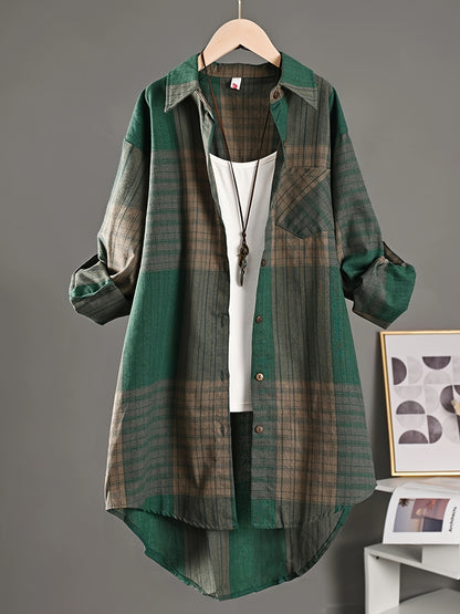 Women’s Vintage Plaid Shirt – Loose Button-Up All-Season Top