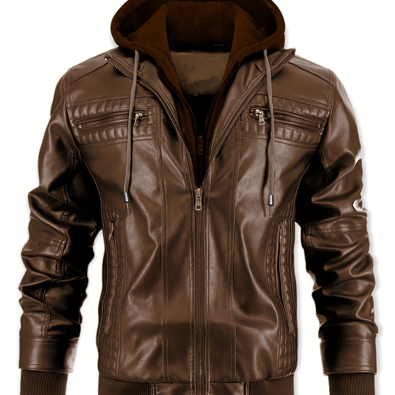 Chaqueta Bomber de Cuero Sintético para Hombre – Con Cremallera y Capucha Removible