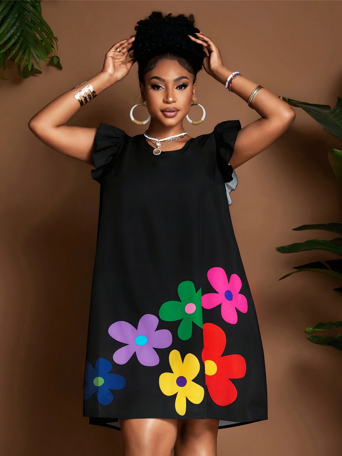 Vestido de verano con volantes en las mangas y estampado floral – Elegante vestido de verano hasta la rodilla