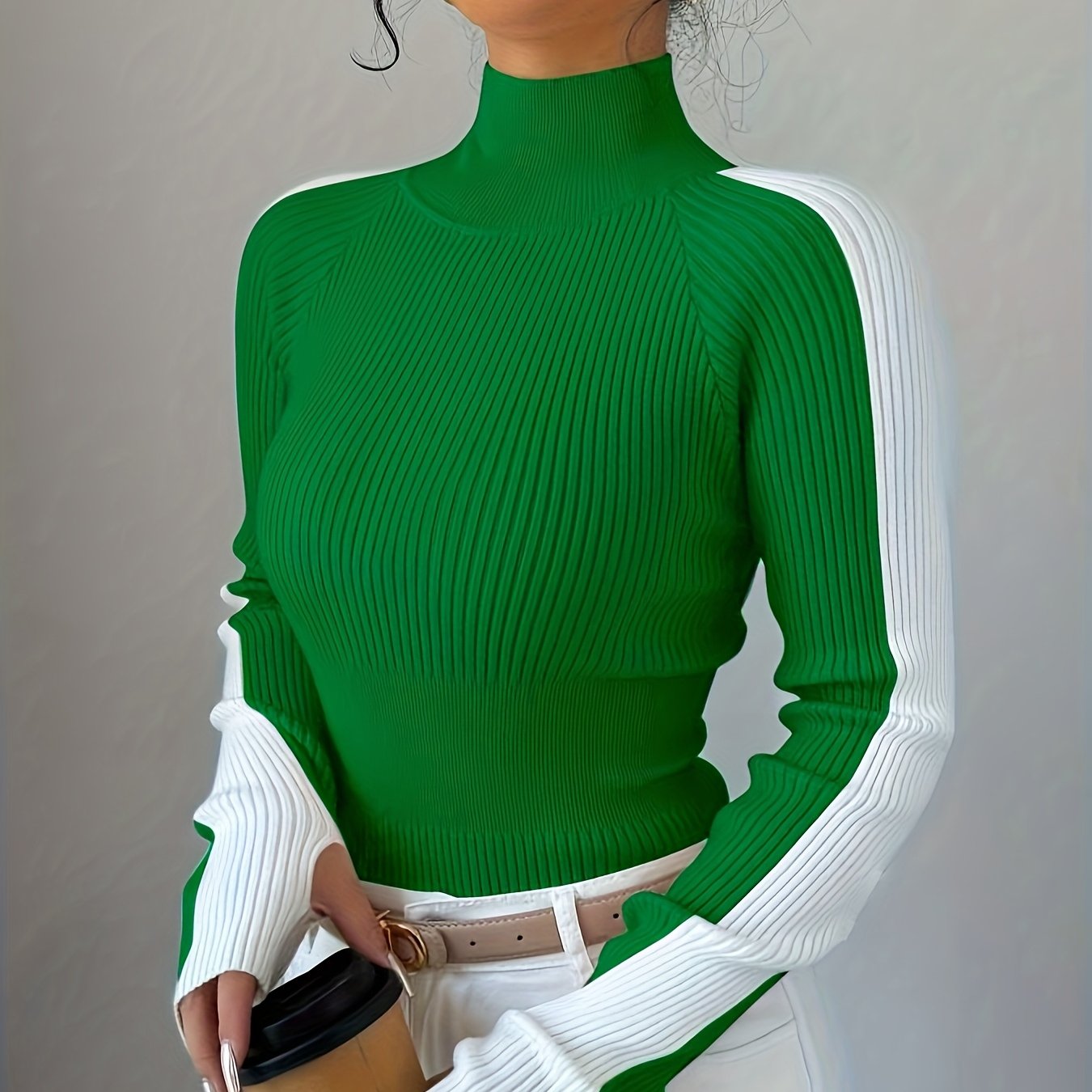 Suéter de cuello alto color block para mujer - Blusa elegante de punto suave