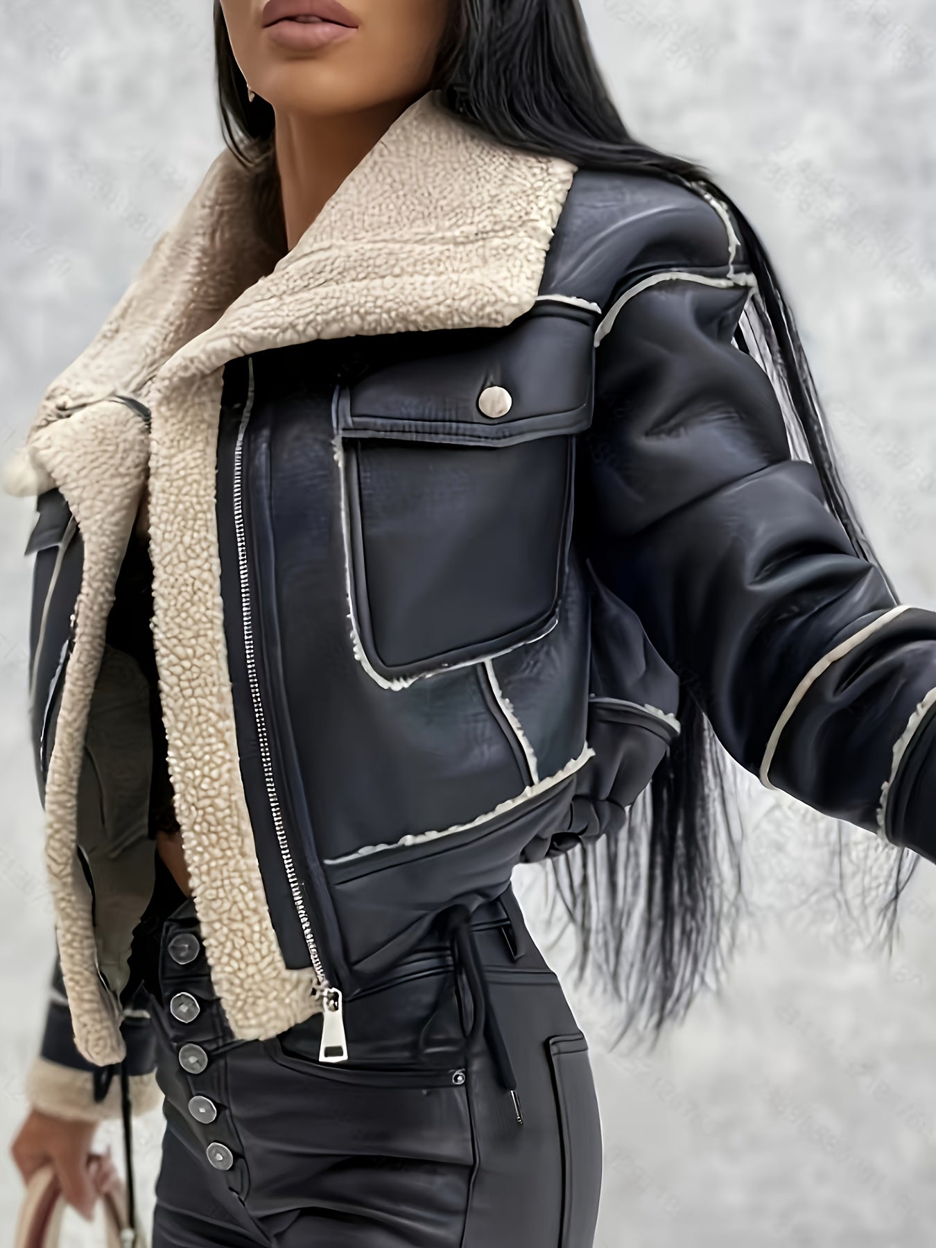 Women’s Faux Shearling Biker Jacket – Zip-Up Lapel Casual Fall/Winter Coat