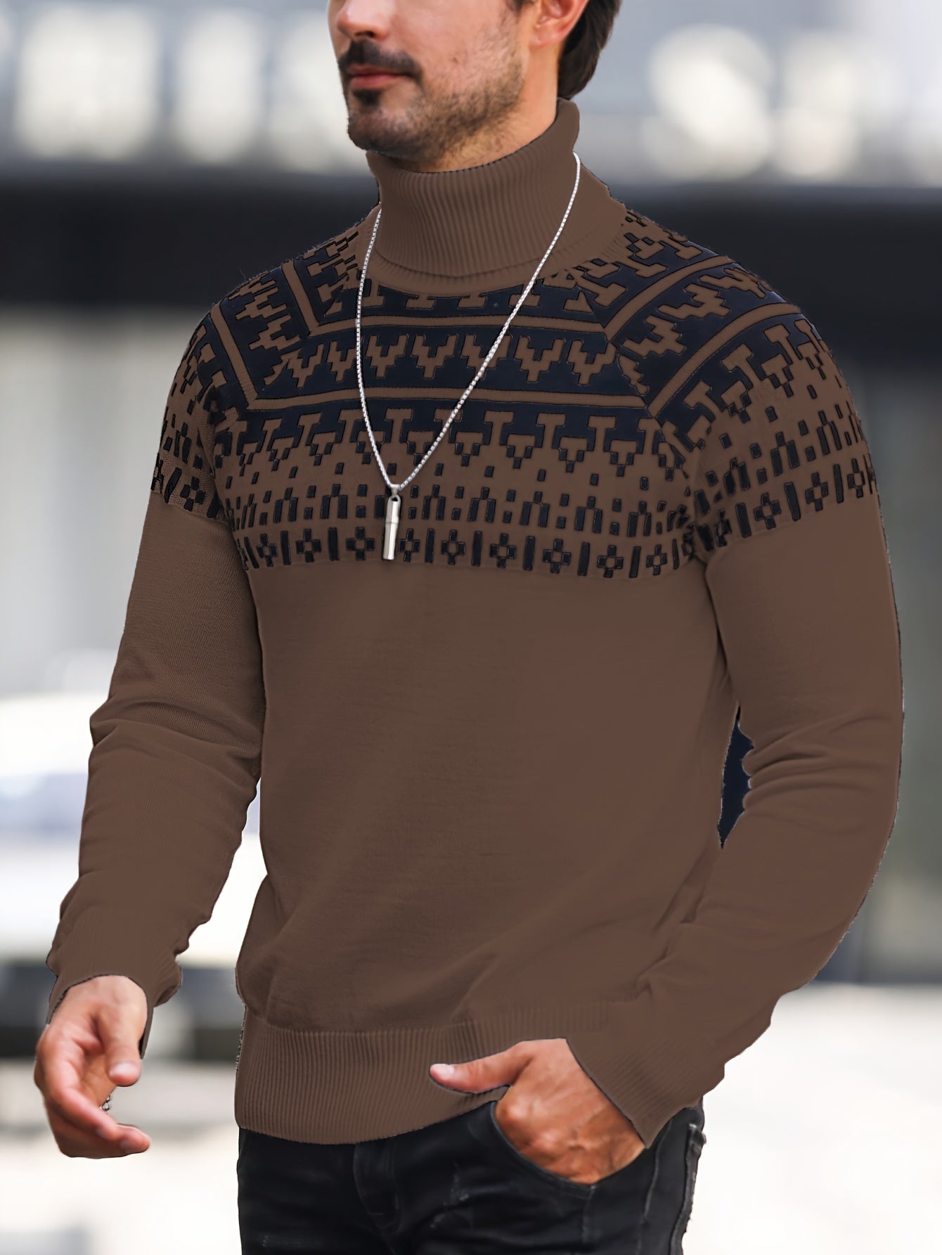 Suéter de cuello alto geométrico para hombre - Suéter informal de punto para otoño e invierno