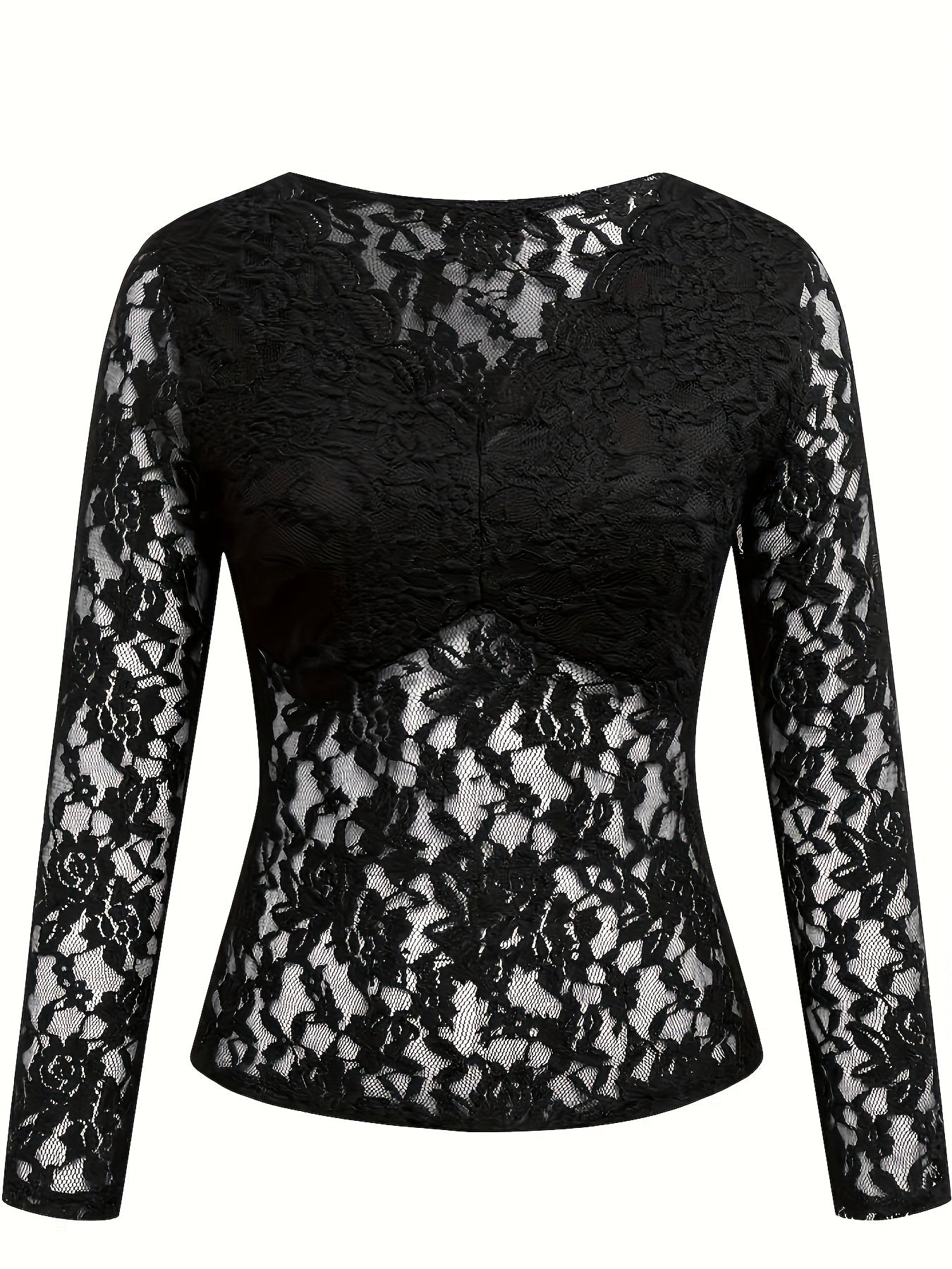 Women’s Sheer Lace V-Neck Top – Elegant Floral Long Sleeve Blouse