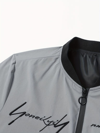 Men’s Letter Embroidered Bomber Jacket – Sporty Casual Streetwear