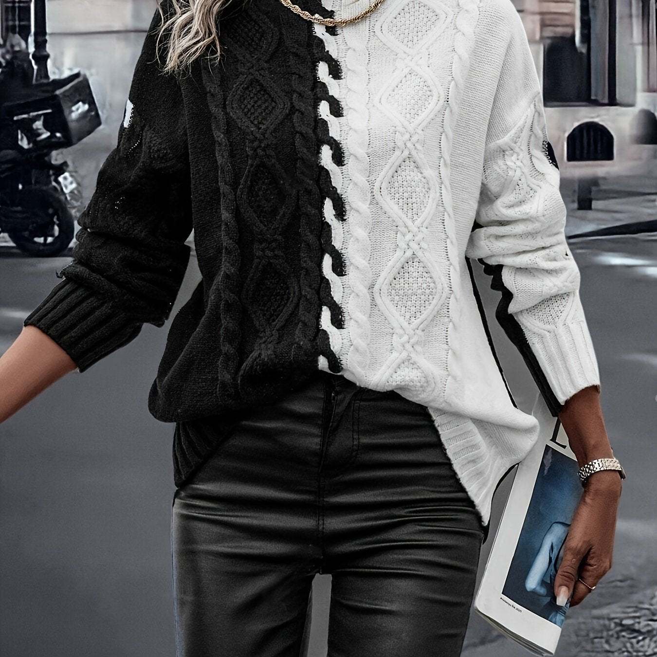 Elegant High-Neck Striped Blouse – Color-Block Knit Long Sleeve Top