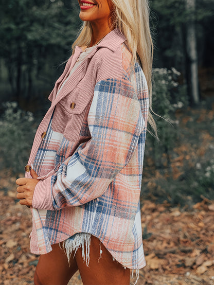 Women’s Plaid Lapel Jacket – Button-Up Drop Shoulder Fall/Spring Shacket
