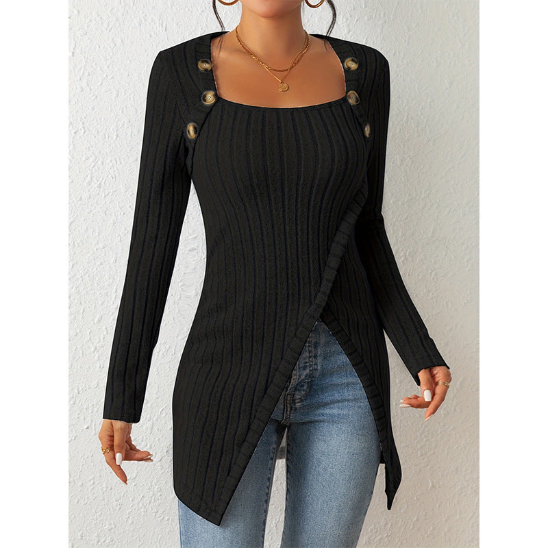 Women’s Off-Shoulder Square-Neck Slit Sweater – Elegant Knit Top