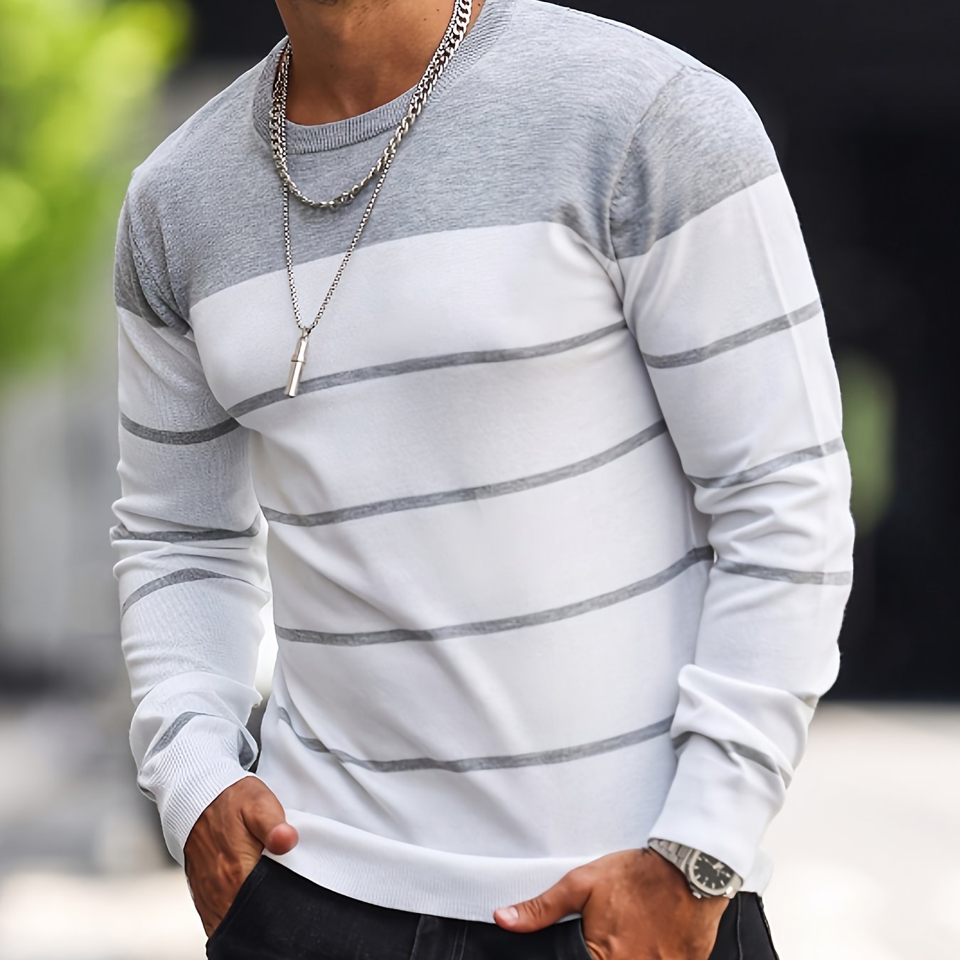 Pull tricoté rayé bleu marine pour homme – Col rond décontracté