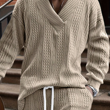 Pull décontracté pour homme en maille col V jacquard côtelé
