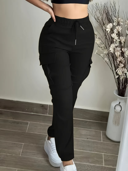 Women’s Black Cargo Pants – Elastic Drawstring Workwear Trousers