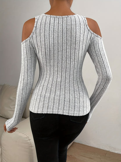 Elegant Crew Neck Hollow Detail Top – Women’s All-Season Knit Tee