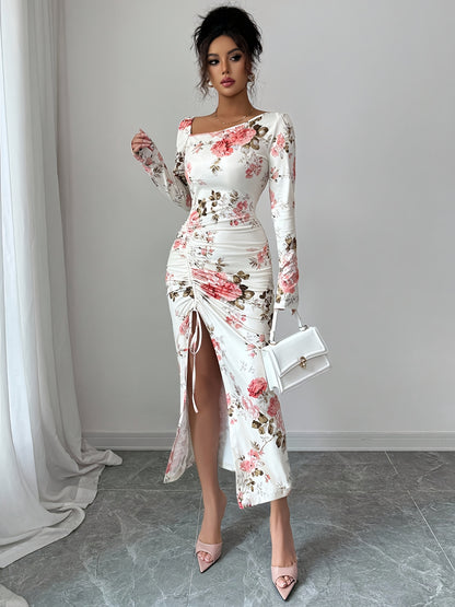 Asymmetrical Floral Bodycon Dress – Long Sleeve Ruffle Slit Dress