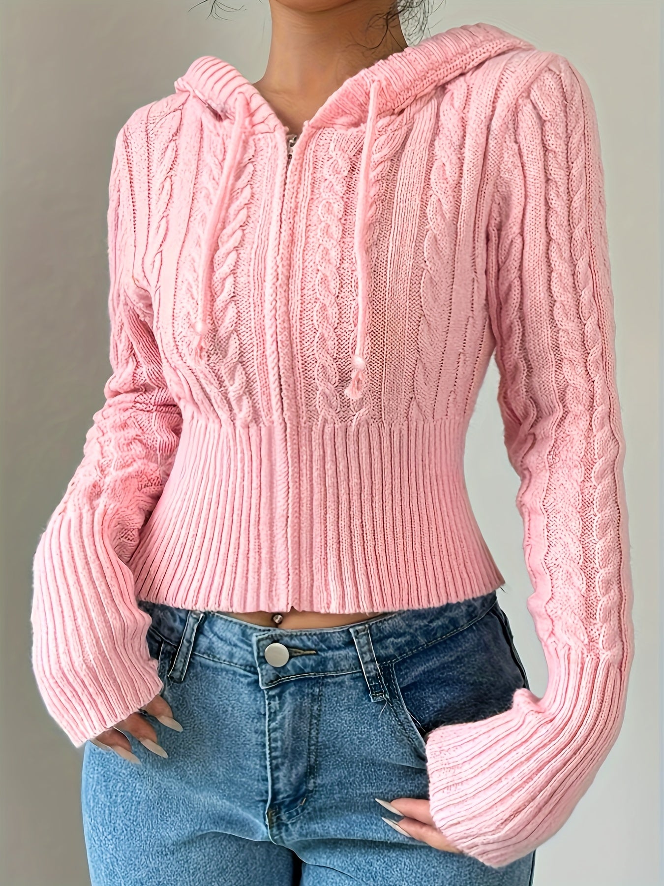 Cárdigan elegante con capucha y cremallera – Capa cálida de punto trenzado