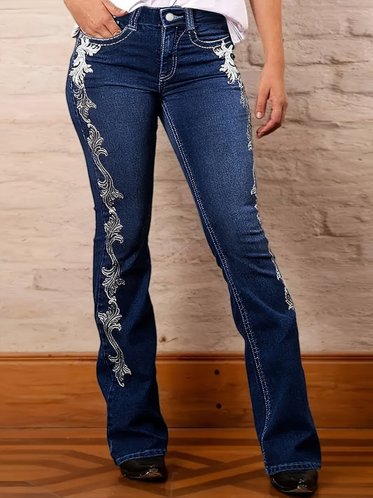 Women’s Flare Jeans – Dark Blue Bootcut with Side Print Design